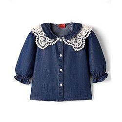 Babyhug Rayon Woven Full Sleeves Peter Pan Collared Front Open Top with Lace Detailing - Navy Blue