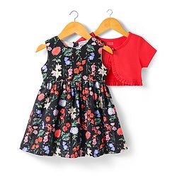 Babyhug Cotton Woven Half Sleeves Solid Color Shrug & Floral Printed Frock - Black & Red