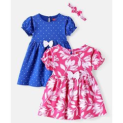 Babyhug Cotton Knit Half Puffed Sleeves Polka Dots & Floral Printed Frock with Headband & Bow Applique Pack of 2 - Blue & Pink