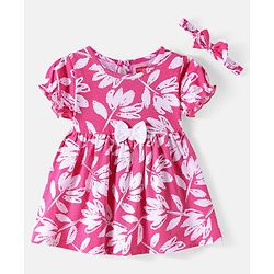 Babyhug Cotton Knit Half Puffed Sleeves Polka Dots & Floral Printed Frock with Headband & Bow Applique Pack of 2 - Blue & Pink