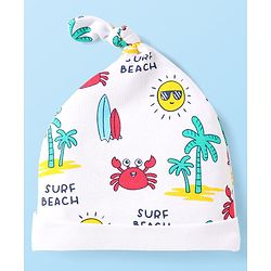 Babyhug Interlock Knit Beach Theme Printed Cap White - Diameter 10.5 cm