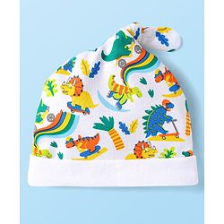 Babyhug 100% Cotton Interlock Knit Cap With Dino Print  White - Diameter 10