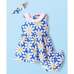 Babyhug Cotton Knit Sleeveless Floral Printed Peter Pan Collared Frock with Bloomer & Headband - Blue