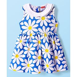 Babyhug Cotton Knit Sleeveless Floral Printed Peter Pan Collared Frock with Bloomer & Headband - Blue