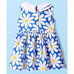 Babyhug Cotton Knit Sleeveless Floral Printed Peter Pan Collared Frock with Bloomer & Headband - Blue