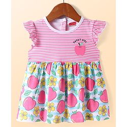 Babyhug Cotton Knit Frill Sleeves Frock With Floral & Apple Print - Pink
