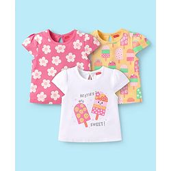 Babyhug Cotton Knit Cap Sleeves T-Shirts with Floral & Popsicle Glitter Print Pack of 3 - Pink White & Yellow