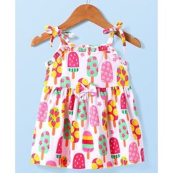 Babyhug Cotton Knit Singlet Sleeves Frock With Ice Cream Print - White