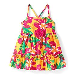 Babyhug Cotton Knit Singlet Sleeves Frock with Floral Print - Yellow