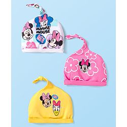 Babyhug Disney Interlock Knit Knot Caps with Minnie Mouse & Family Graphics Pack of 3 Pink White & Yellow - Diameter 15 cm
