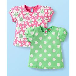 Babyhug Cotton Knit Puffed Sleeves T-Shirt with Floral Print Pack Of 2 -  Pink & Light Green