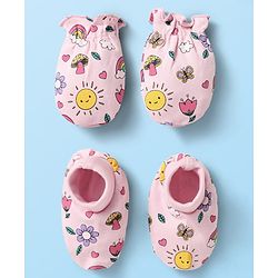 Babyhug 100% Cotton Interlock Knit Mittens & Booties With Floral Print - Pink
