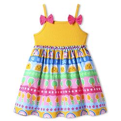 Babyhug Cotton Knit Singlet Sleeves Frock with Bow Applique & Tropical Theme Print - Yellow