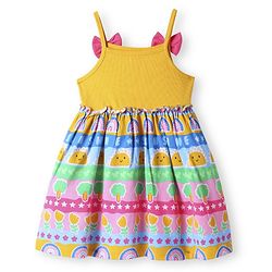 Babyhug Cotton Knit Singlet Sleeves Frock with Bow Applique & Tropical Theme Print - Yellow