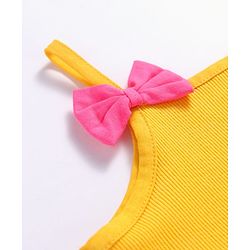 Babyhug Cotton Knit Singlet Sleeves Frock with Bow Applique & Tropical Theme Print - Yellow