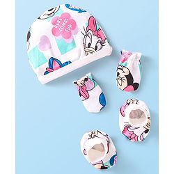 Babyhug Disney Interlock Knit Caps Mitten & Booties Set with Minnie Mouse Graphics White - Diameter 10 cm