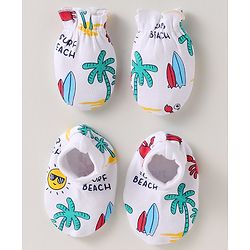 Babyhug 100% Cotton Interlock Knit Mittems & Booties Set With Beach Theme Print - White