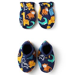 Babyhug 100% Cotton Mittens & Booties Set With Animal Print - Navy Blue