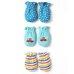 Babyhug 100% Cotton Interlock Knit Mittens With Stripes & Animal Print Pack Of 3 - Blue yellow & Light Blue