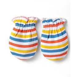 Babyhug 100% Cotton Interlock Knit Mittens With Stripes & Animal Print Pack Of 3 - Blue yellow & Light Blue