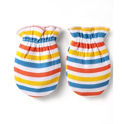 Babyhug 100% Cotton Interlock Knit Mittens With Stripes & Animal Print Pack Of 3 - Blue yellow & Light Blue