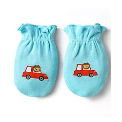 Babyhug 100% Cotton Interlock Knit Mittens With Stripes & Animal Print Pack Of 3 - Blue yellow & Light Blue