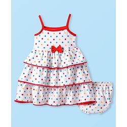 Babyhug Cotton Knit Singlet Sleeves Dress With Bow Polka Dot Print & Bloomer - White