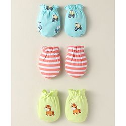 Babyhug 100% Cotton Interlock Knit Mittens With Stripes & Animal Print Pack Of 3 - Yellow Light Blue & Light Green