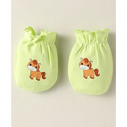 Babyhug 100% Cotton Interlock Knit Mittens With Stripes & Animal Print Pack Of 3 - Yellow Light Blue & Light Green