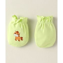 Babyhug 100% Cotton Interlock Knit Mittens With Stripes & Animal Print Pack Of 3 - Yellow Light Blue & Light Green