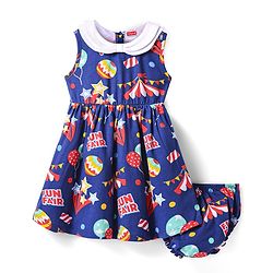 Babyhug Cotton Knit Sleeveless Frock & Bloomer with Fun Fair Print & Frill Detailing -  Navy Blue