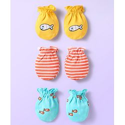 Babyhug 100% Cotton Interlock Knit Mittens With Fish & Stripes Print Pack Of 3 - Yellow Orange & Light Blue