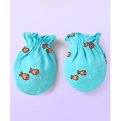 Babyhug 100% Cotton Interlock Knit Mittens With Fish & Stripes Print Pack Of 3 - Yellow Orange & Light Blue