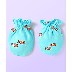 Babyhug 100% Cotton Interlock Knit Mittens With Fish & Stripes Print Pack Of 3 - Yellow Orange & Light Blue