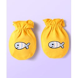 Babyhug 100% Cotton Interlock Knit Mittens With Fish & Stripes Print Pack Of 3 - Yellow Orange & Light Blue
