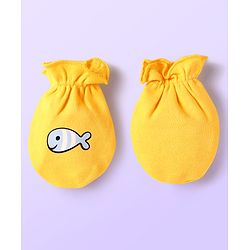 Babyhug 100% Cotton Interlock Knit Mittens With Fish & Stripes Print Pack Of 3 - Yellow Orange & Light Blue