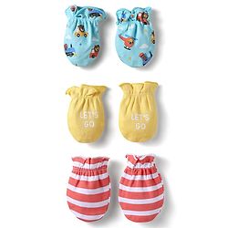 Babyhug 100% Cotton Mittens With Vehicles Text Print & Stripes Pack of 3 - Light Blue Red & Yellow
