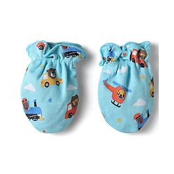 Babyhug 100% Cotton Mittens With Vehicles Text Print & Stripes Pack of 3 - Light Blue Red & Yellow