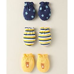Babyhug 100% Cotton Interlock Knit Mittens With Stripes & Star Print Pack Of 3 - Navy Blue & Yellow
