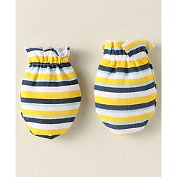 Babyhug 100% Cotton Interlock Knit Mittens With Stripes & Star Print Pack Of 3 - Navy Blue & Yellow