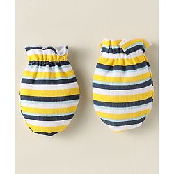 Babyhug 100% Cotton Interlock Knit Mittens With Stripes & Star Print Pack Of 3 - Navy Blue & Yellow