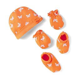 Babyhug 100% Cotton Knit Cap Mittens & Booties With Butterfly Print & Bow Applique  Orange - Diameter 11.5