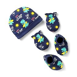 Babyhug 100% Cotton Interlock Knit Cap Mittens & Booties Set With Surf Print - Navy Blue