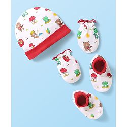 Babyhug 100% Cotton Interlock Knit Cap Mittens & Booties Set With Bear Print White - Diameter 10 Cm