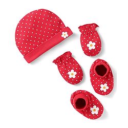Babyhug 100% Cotton Knit Cap Mittens & Booties With Polka Dot & Floral Print Red - Diameter 10