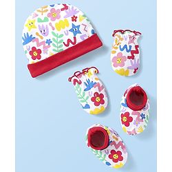 Babyhug 100% Cotton Knit Cap Mittens & Booties With Floral Print White - Diameter 10cm