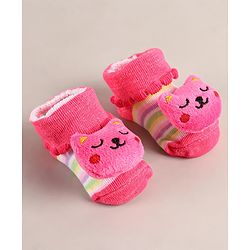 Cute Walk by Babyhug Sock Shoes with Bear Applique - Dark Pink