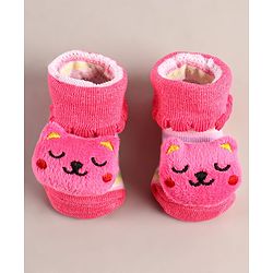 Cute Walk by Babyhug Sock Shoes with Bear Applique - Dark Pink