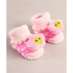 Cute Walk by Babyhug Sock Shoes with Flower Applique - Pink
