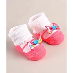 Cute Walk by Babyhug Sock Shoes with Bow Applique - Dark Pink